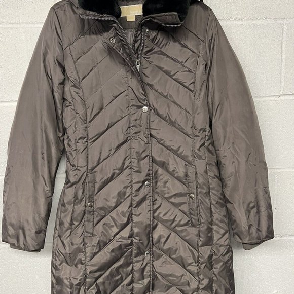 Sz Small S NEW Michael Kors Hooded Faux Fur-Trim D - Picture 1 of 6